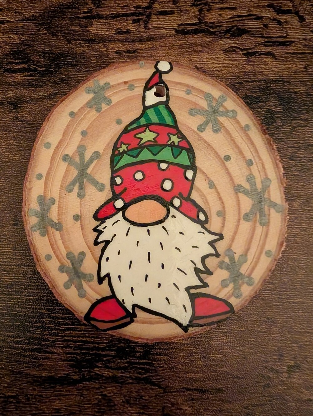 Hand Crafted Christmas Ornament Gnome Wood Slice Hand Painted